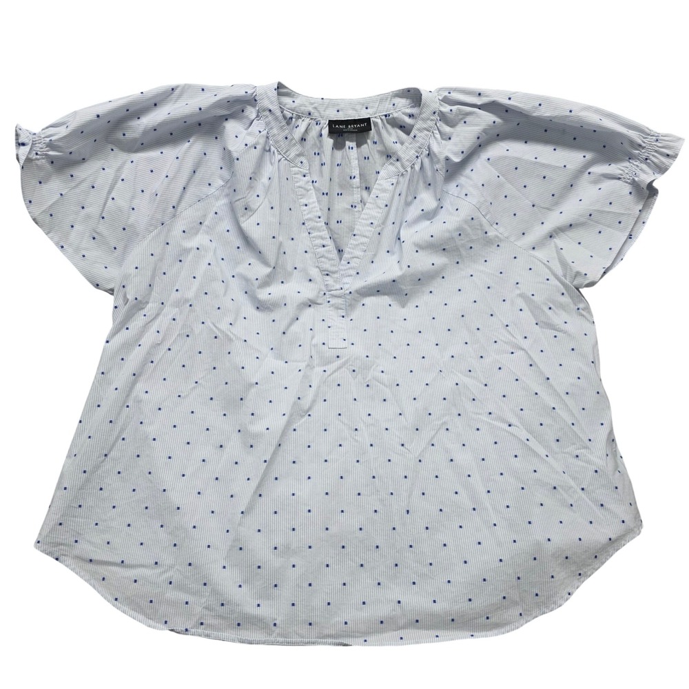 Lane Bryant‎ Blue White Striped Embroidered Dot Split Neck Blouse Top Plus 18/20